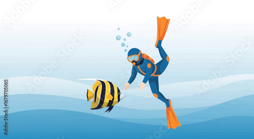 Divers exploring underwater world with a colorful fish in the ocean illustration