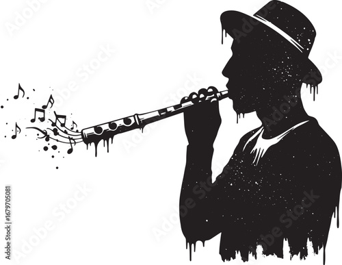 Monochrome music: A musician silhouette playing flute with dripp