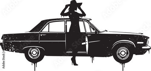 Monochrome vector illustration of a woman and vintage car with d
