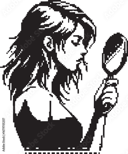 Black and white pixelated illustration of a woman looking at her reflection in a mirror