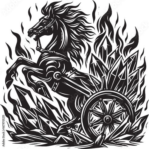 Intense Black and White Illustration of a Horse-Drawn Chariot Amidst Fire and Crystals