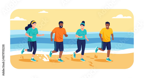Diverse Group Of Friends Jogging Together Energetically On A Sandy Beach, Healthy Lifestyle