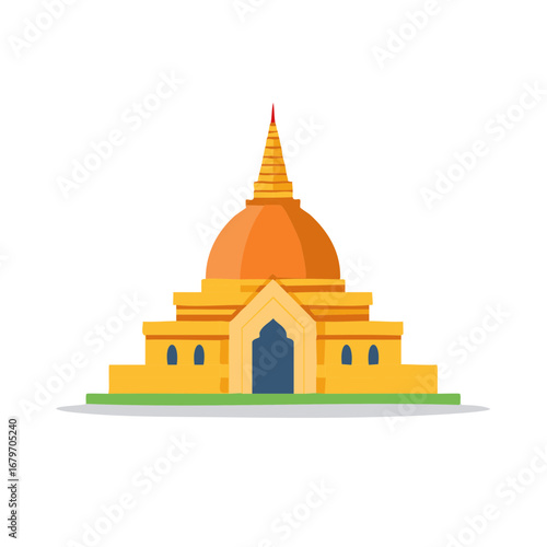 Vivid Yellow and Orange Asian Pagoda Featuring Red Spire Pointing Upward in a Flat Vector Style