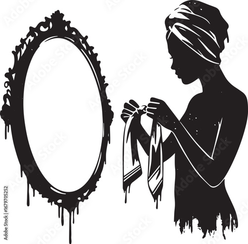 Elegant silhouette of woman tying a scarf before an ornate dripp