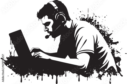 Intense gaming moment, illustration of a focused gamer with head