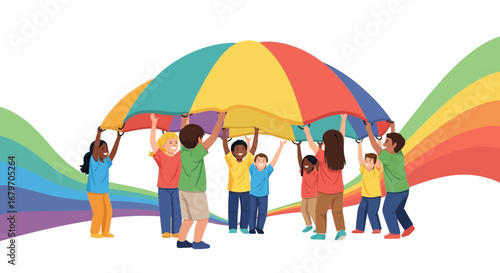 Diverse Group Of Kids Holding Rainbow Parachute Promoting Teamwork And Solidarity