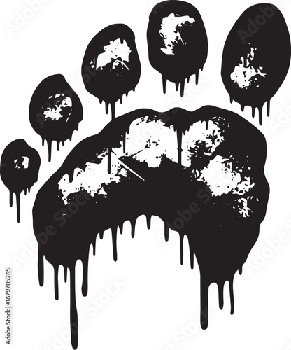 Mysterious bigfoot footprint with dripping ink effect on white b