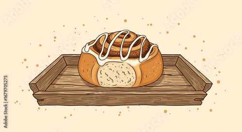 Delicious Cinnamon Roll Served On Rustic Wooden Tray With Perfect Frosting Decoration