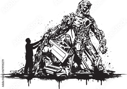 Building the future silhouette: A man constructs a robot from di