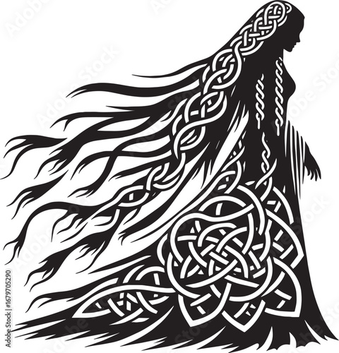 Silhouette of a woman with intricate Celtic knotwork in her hair and dress design
