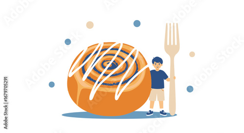 Delicious cinnamon roll with a person and a large fork, food illustration, sweet dessert