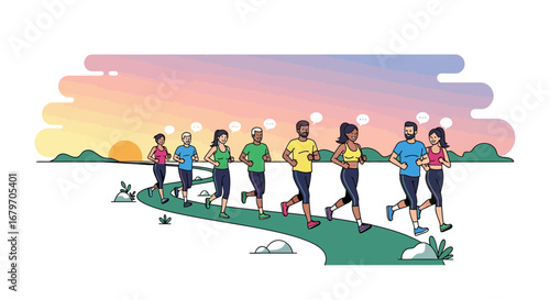 Diverse Group Of People Running Together During A Sunset For Health and Fitness