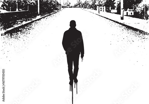 Monochromatic silhouette of a lone figure walking on a desolate