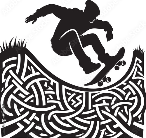 Silhouette of a Skateboarder Performing a Trick on a Ramp with Intricate Celtic Knotwork Design