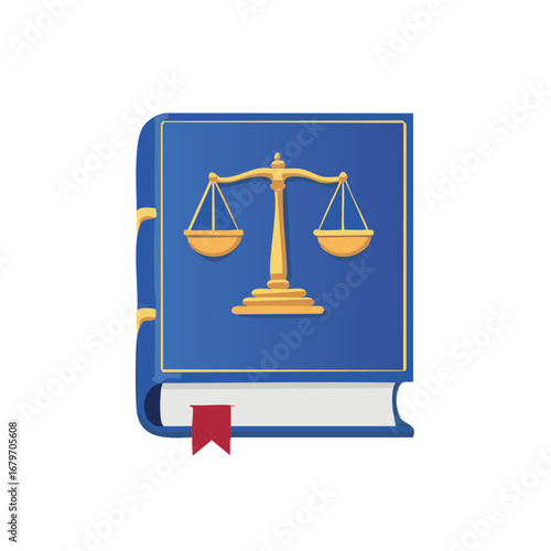 Law book with balance scales emblem represents legal knowledge and jurisprudence principles