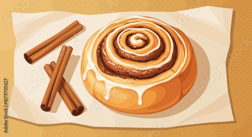 Delicious Cinnamon Roll With Icing And Cinnamon Sticks On Baking Paper