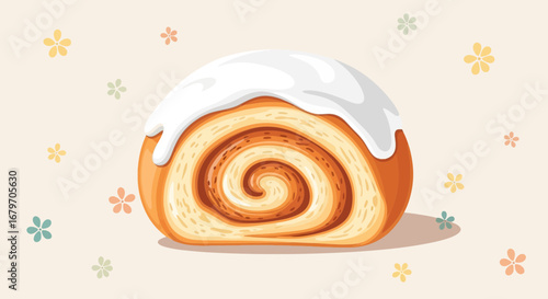 Delicious Cinnamon Roll with Icing and Floral Accents on a Beige Background