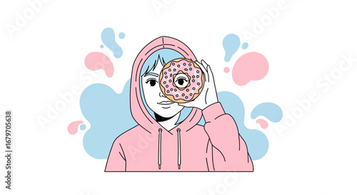 Donut Fun: A Young Person Posing with Delicious Pastry, Playful and Pastel