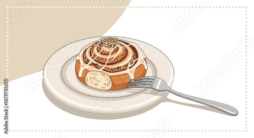 Delicious Cinnamon Roll with Icing on a Plate with Fork Illustration and Artistic Design