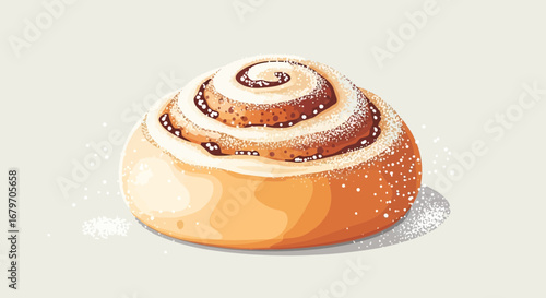 Delicious cinnamon roll with icing and sugar isolated on a white background
