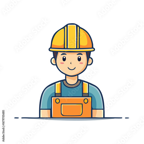 Happy male character avatar wearing a yellow hardhat and orange uniform representing construction and safety