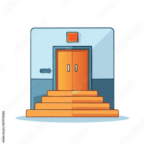 Cartoon illustration of a building entrance with orange doors and steps