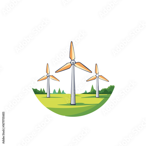 Wind turbines on green meadow landscape, generating green energy.