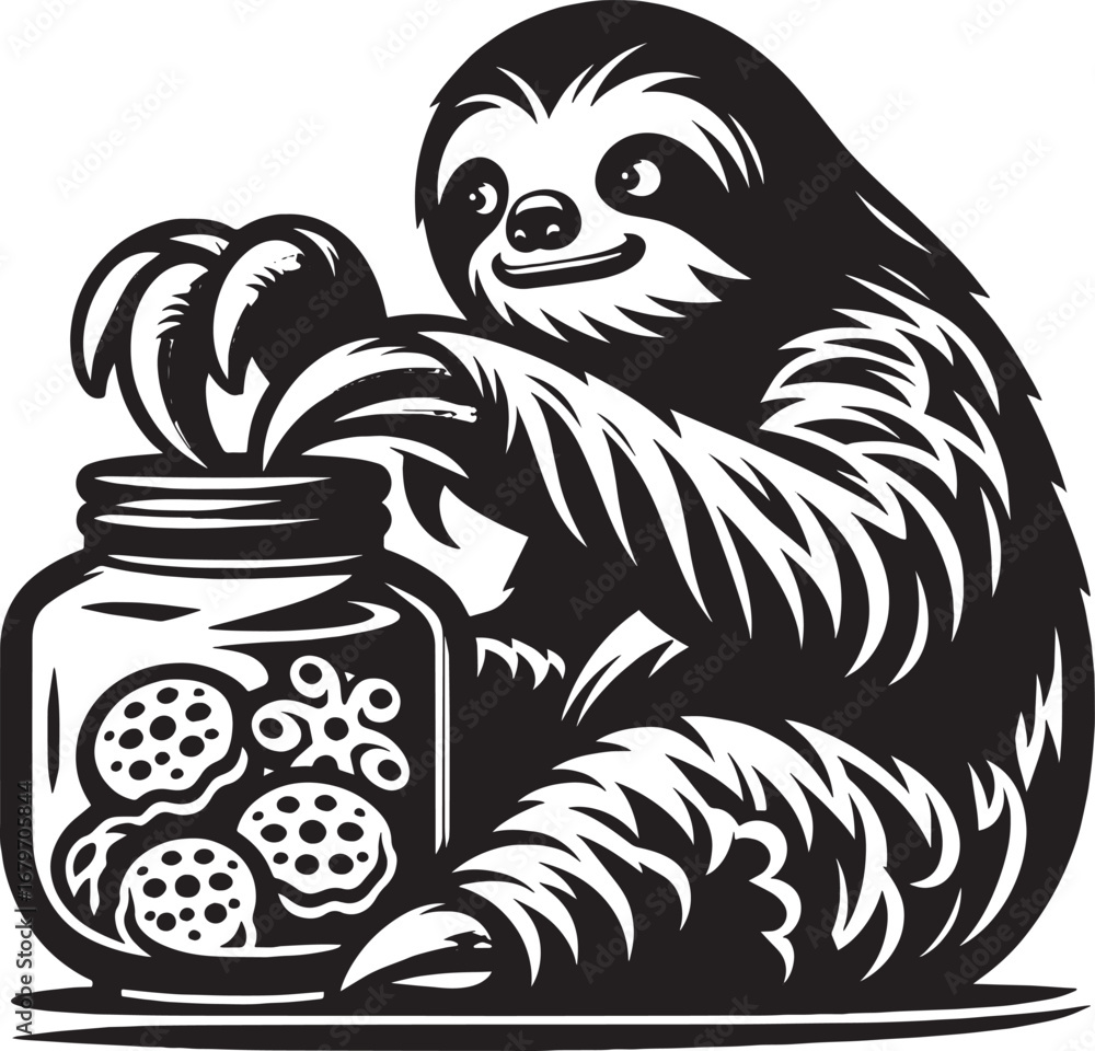 Fototapeta premium A cute sloth reaching into a jar of cookies, adorable black and white illustration