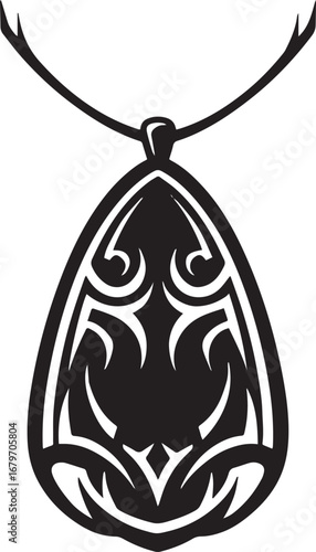 Stylized tribal pendant necklace in monochrome, symbolic amulet
