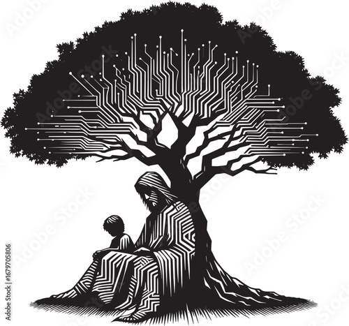 Illustration of a digital tree with a person and child, representing technology's influence