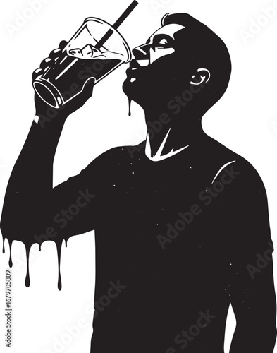 Silhouette of a man enjoying a refreshing iced beverage with a s
