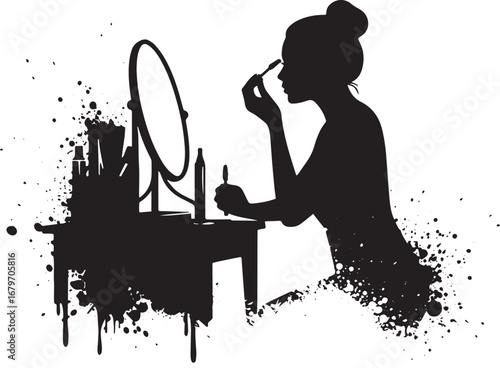 Silhouette of a woman applying makeup with artistic paint splatt