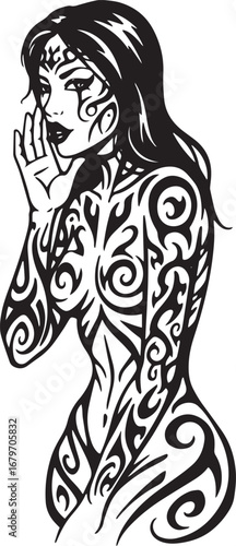 Intricate tattooed woman whispering secret silhouette, tribal ar