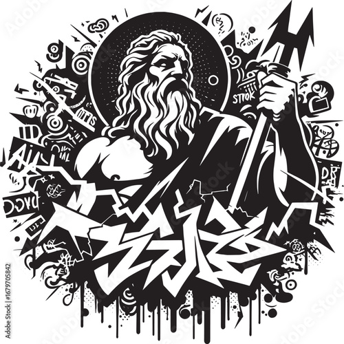 A unique graffiti-style illustration of Poseidon with a modern artistic expression in black and