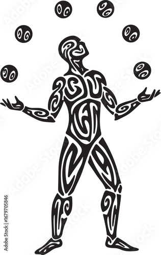 Stylized juggling figure, abstract performance art in black and