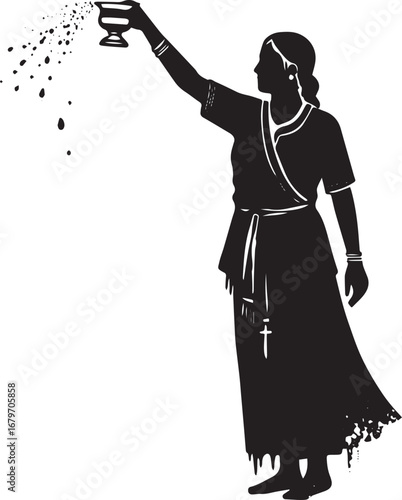 Monochrome image displaying a woman sprinkling water from a cup