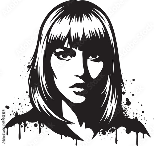 Monochrome graphic depiction of a woman with a bob haircut and s