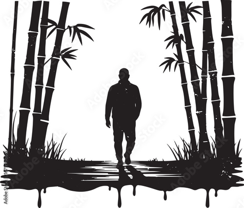 Silhouette wanderer through abstract bamboo forest monochromatic