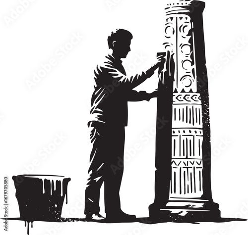 Restoring the Past: A Man Refurbishing an Ornate Decorative Colu