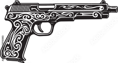 Stylized machine pistol illustration with ornate swirling tribal