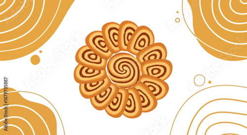 Delicious cinnamon rolls arranged in a circle with abstract design elements on white background