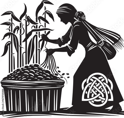 Silhouette of a woman harvesting grain, depicting a Celtic knot, symbolizing agriculture and labor