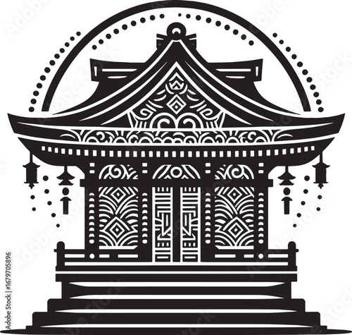 Intricate Black and White Illustration of a Traditional Japanese Temple in Silhouette