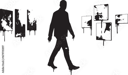 Silhouette of a man walking past abstract art with dripping pain