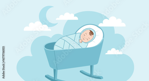 Dreaming Baby Swaddled In A Crib Under The Soft Blue Night Sky And Gentle Clouds