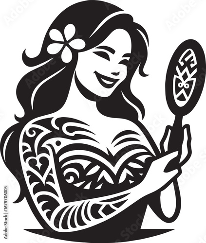 Elegant Black and White Vector Illustration of a Woman Admiring Herself in a Mirror