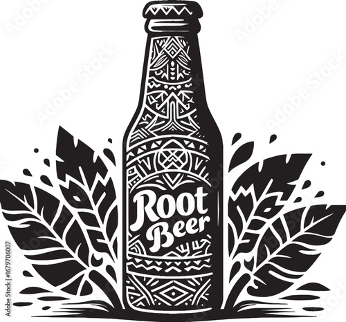 Artistic Black and White Illustration of a Root Beer Bottle with Ornamental Design and Leaves
