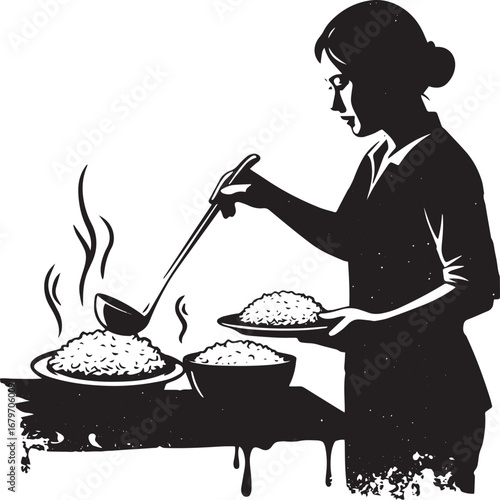 Elegant monochrome illustration of a woman serving rice with lad