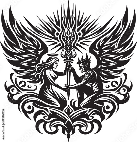 Intricate Black and White Illustration Depicting Angel and Demon Holding a Sword in Conflict
