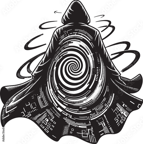 Mysterious hooded figure with a swirling pattern on cloak vector illustration design art